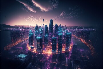 Wall Mural - smart city at night, application development concept, smart city, Internet of things, smart life, information technology, gradient grid line Generative AI