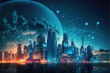 Fototapete - smart city at night, application development concept, smart city, Internet of things, smart life, information technology, gradient grid line Generative AI