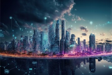 Fototapete - smart city at night, application development concept, smart city, Internet of things, smart life, information technology, gradient grid line Generative AI
