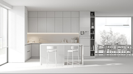 Modern white concept kitchen and dining room interior with furniture and kitchenware, grey, black and white kitchen interior background, luxury kitchen, 3d rendering