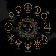 © karnografff - Solar system zodiac horoscope astrological thin line label linear design esoteric stylized elements symbols signs. Vector illustration icons