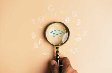 Fototapete - Magnifier focus to graduate cap and light bulb icon with learning educate, study knowledge to creative thinking idea and problem solving solution, E-learning online education course degree certificate