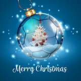 Fototapeta  - Marry Christmas card with transparent glossy soccer football glass ball with white and red Christmas tree inside it - 3d rendering