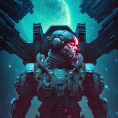 Cyberpunk soldier alien machinery - digital illustration of science fiction military robot warrior looking up with raised fist inside space ship