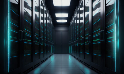 Generative AI Imagery of dark servers data center room with computers and storage systems and glowing elements