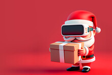 Happy Santa Claus Wearing VR Headset And Holding A Gift Box On Red Background Image Created With Generative AI Technology.