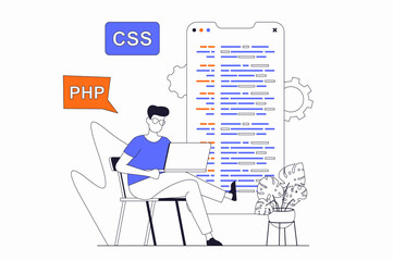 programmers working concept with people scene in flat outline design. man developer works with code,