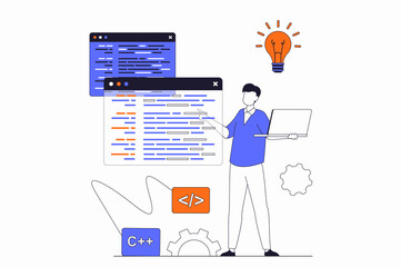 Programmers working concept with people scene in flat outline design. Man developer works with code on different screens, optimizes and tests. Illustration with line character situation for web