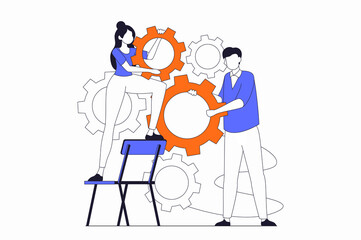 Aufkleber - Teamwork concept with people scene in flat outline design. Woman and man holding gears and set up workflow, partnership and cooperation. Illustration with line character situation for web