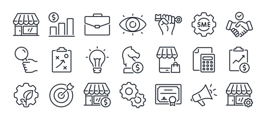 SME concept small and medium sized enterprises related editable stroke outline icons set isolated on white background flat vector illustration. Pixel perfect. 64 x 64.