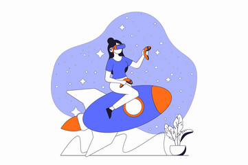 Leinwandbilder - Virtual reality concept with people scene in flat outline design. Woman in VR headset interacts with augmented reality and flies on rocket. Illustration with line character situation for web