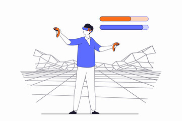 Leinwandbilder - Virtual reality concept with people scene in flat outline design. Man in VR headset and controllers interacts with augmented reality space. Illustration with line character situation for web