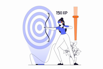 Leinwandbilder - Virtual reality concept with people scene in flat outline design. Woman in VR headset plays augmented reality game and aiming arrow at target. Illustration with line character situation for web