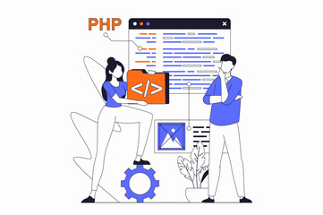 Web development concept with people scene in flat outline design. Woman and man working with php programming and creating website layouts. Illustration with line character situation for web
