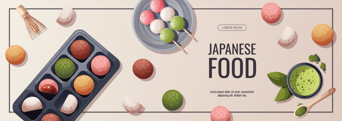 Banner design with colorful Sweet Mochi, dango, matcha tea. Japanese food, healthy eating, cooking, menu, sweet food, dessert concept. Vector illustration. Banner, flyer, promo, advertising. 