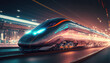 © LeArchitecto - High speed train at station and blurred cityscape at night on background. Postproducted generative AI digital illustration of non existing train model.