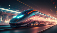 High Speed Train At Station And Blurred Cityscape At Night On Background. Postproducted Generative AI Digital Illustration Of Non Existing Train Model.