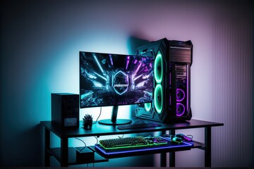 Fototapete - Computer gaming pc on gaming table in dark room with neon purple lights and gaming chair, AI