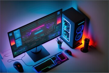 Fototapete - Computer gaming pc on gaming table in dark room with neon purple lights and gaming chair, AI