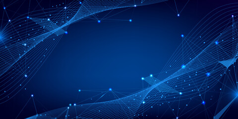 Leinwandbilder - Abstract technology modern dynamic wave pattern with low poly plexus data connection concept.
Digital mesh pattern in blue cyber space