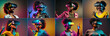 Leinwandbild Motiv Excited young African American lady using VR glasses, Generative AI technology
