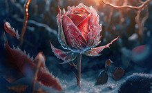 One Frozen Red Rose Hidden In Cold Grass. Postproducted Generative AI Digital Illustration.
