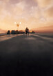 © ysbrandcosijn - Man and woman with bags walk embraced on a road with a street lamp at sunset. Rear view. 3D render.