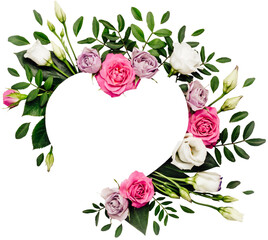 Valentine's day romantic concept. Natural heart shape frame layout with white and pink roses and green leaves