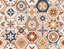 Talavera Pattern. Indian Patchwork, Turkish Ornament. Moroccan Mosaic. Ceramic Dishes, Folk Print. Spanish Pottery. Antique Moroccan, Portuguese Hexagonal Tiles. Mediterranean Seamless 