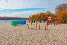 Playground On The Beach. Bank Of The Dnieper River In Autumn Day. Kremenchuk City, Ukraine