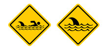 Stop, Beware Of Sharks Sigboard. Cartoon Shark Warning Sign For Beach People In The Water Or Ocean Zone. Stickman Swimming. Shark Sighting Sign, Beach Closed Area. No Swim