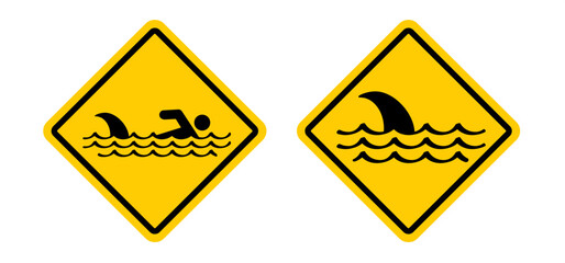 Stop, beware of sharks sigboard. Cartoon shark warning sign for beach people in the water or ocean zone. Stickman swimming. Shark sighting sign, beach closed area. No swim