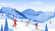 Winter mountain landscape. Vector illustration of ski resort with snowy hill, funicular, ski lift, skier, snowboard riders. Outdoor holiday activity in Alps. Winter sport. Skiing and snowboarding