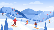 Winter Mountain Landscape. Vector Illustration Of Ski Resort With Snowy Hill, Funicular, Ski Lift, Skier, Snowboard Riders. Outdoor Holiday Activity In Alps. Winter Sport. Skiing And Snowboarding