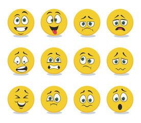 Wall Mural - Yellow face character with emotions vector illustrations set. Collection of cartoon drawings of funny comic ball, happy, sad, shocked, laughing character on white background. Emotions concept