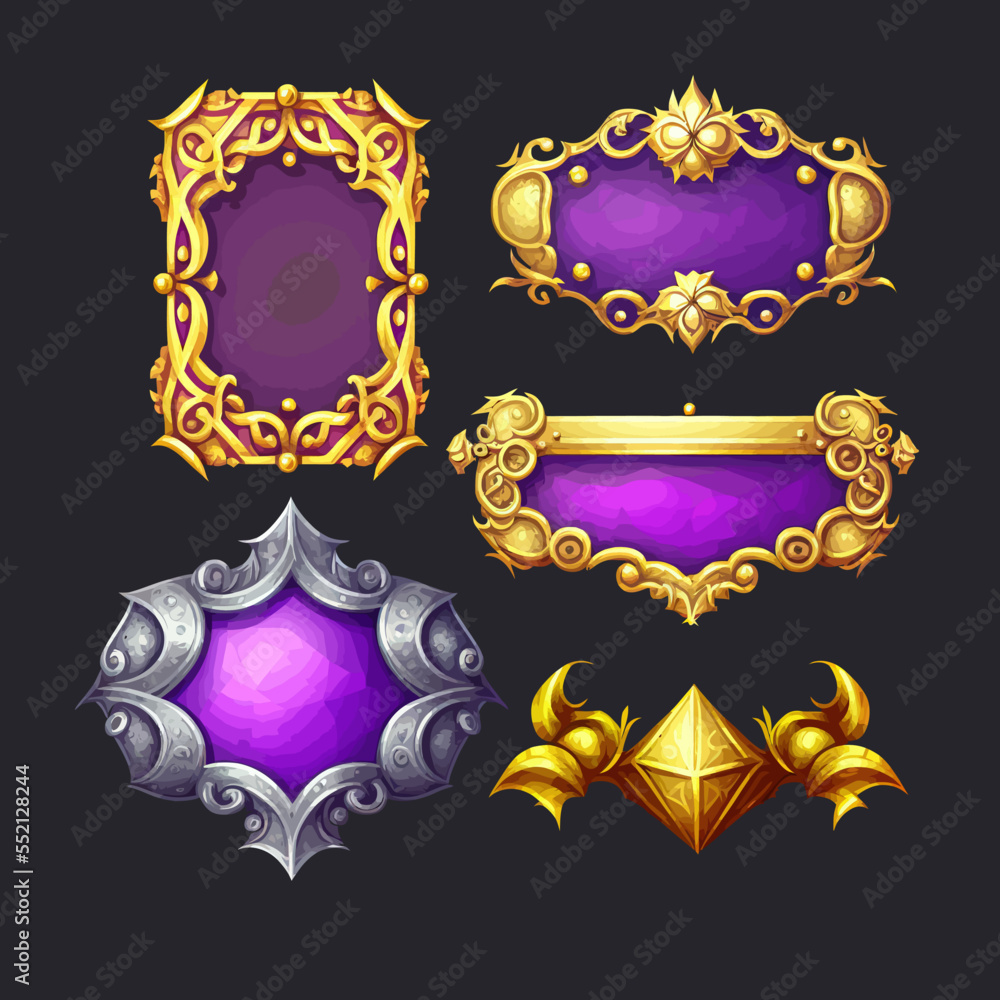 Game ui frames, gold medieval menu elements avatar UI fantasy gold ...