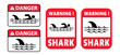 © MarkRademaker - Stop, beware of sharks sigboard. Cartoon shark warning sign for beach people in the water or ocean zone. Stickman swimming. Shark sighting sign, beach closed area. No swim