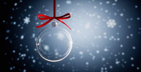 Glass Christmas ball with red bow against a dark snowy background - 3D illustration