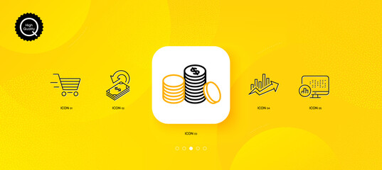 Wall Mural - cashback, delivery shopping and banking money minimal line icons. yellow abstract background. growth