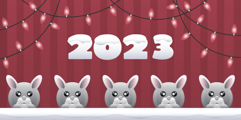 Red White Banner with Rabbits, Garlands, Snow and Strips. 2023 Year.