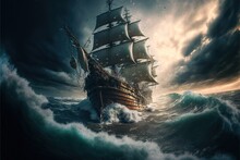 A Medieval Ship Is Caught In A Storm In The Ocean. AI