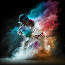 Cricket Player In Action , Full Length , White Uniform Cloth, Unreal Engine, Multi Color Dust, Colorized