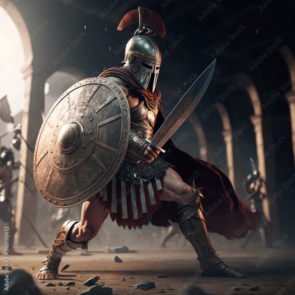 Gladiator in a helmet with a sword and shield in armor in the midst of ...