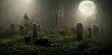 Spooky Cemetery Landscape With Old Tombstones And Fog. Full Moon Spooky Horror Landscape.