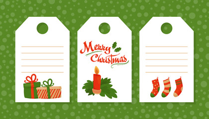 Wall Mural - Merry Christmas gift tags set. Winter holidays labels with gift boxes, candles and socks cartoon vector