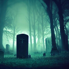 Wall Mural - Spooky cemetery landscape with old tombstones and fog. Full moon spooky horror landscape.