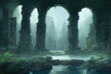 Fototapeta  - Lost city of Atlantis. Ancient city ruins. Water, ocean, sea ruins. Collection 