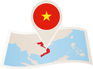Wall Mural - Folded paper map of Vietnam with flag pin of Vietnam.