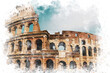 Watercolor illustration of Colosseum in Rome. Exterior view of Colosseum in Rome Italy. Travel to Italy concept. Famous touristic places in Italy