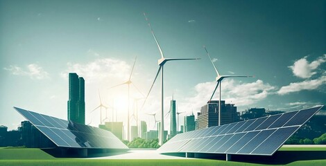 Solar panels and wind turbines in front of the city skyline in the background